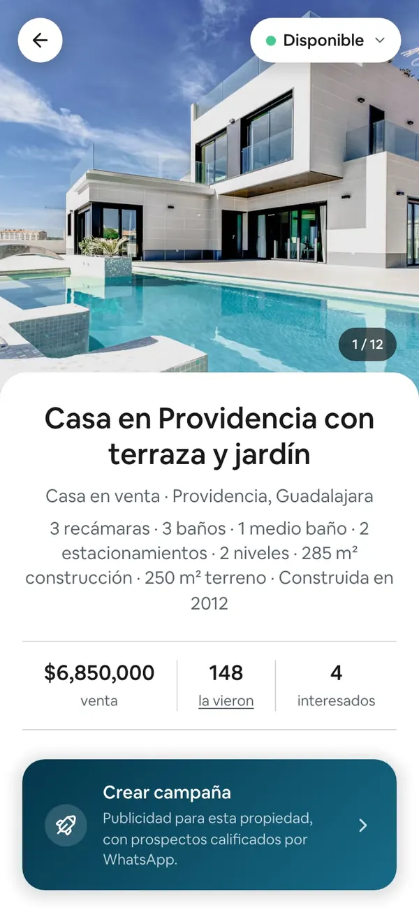 La pantalla de la Casa en Providencia con terraza y jardín: la foto de portada, Disponible, sus datos, $6,850,000, 148 la vieron, 4 interesados y la banda Crear campaña