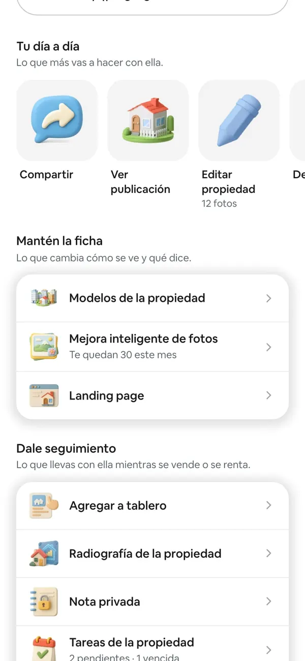 Los grupos de acciones de la propiedad; en «Dale seguimiento», la tarjeta Agregar a tablero