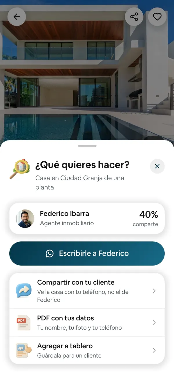 Una casa de la Bolsa con la hoja «¿Qué quieres hacer?»: el asesor que la publicó y su 40%, Escribirle por WhatsApp, Compartir con tu cliente, PDF con tus datos y Agregar a tablero «Guárdala para un cliente»