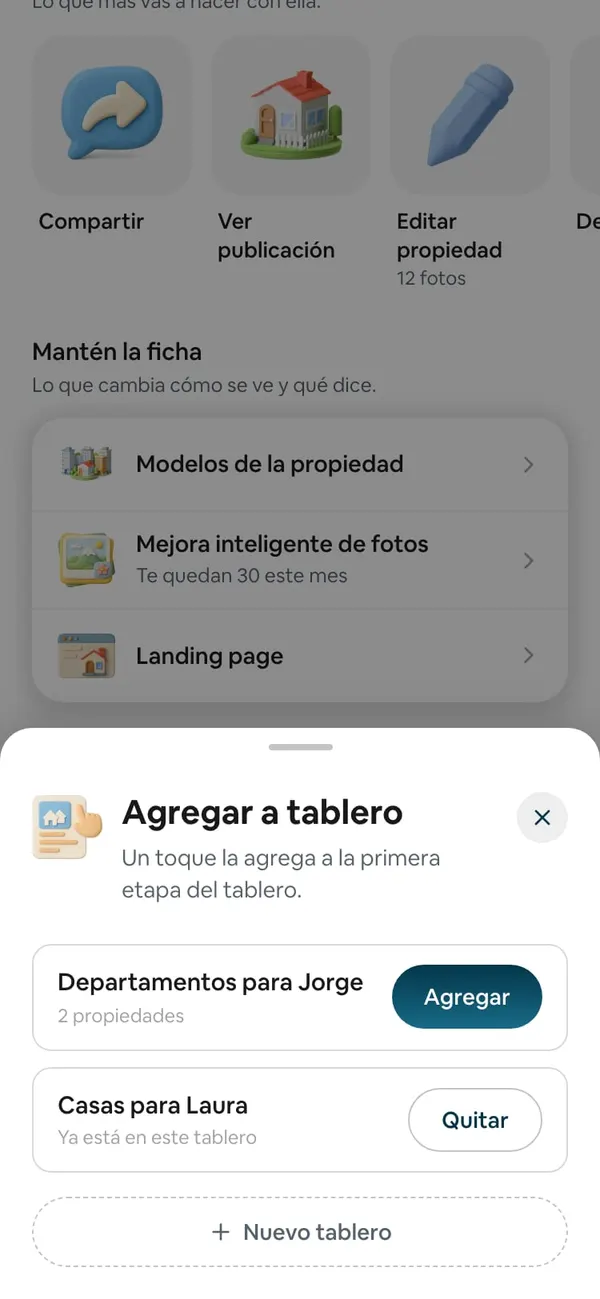 Hoja «Agregar a tablero»: Departamentos para Jorge con el botón Agregar, Casas para Laura con «Ya está en este tablero» y Quitar, y Nuevo tablero