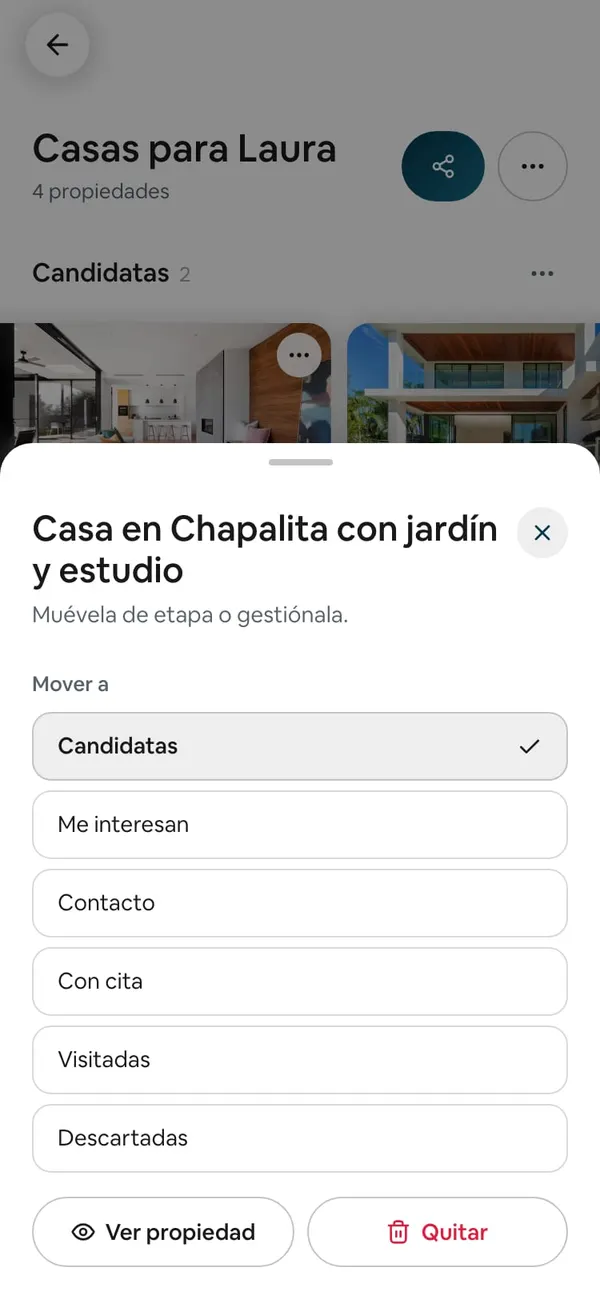 Hoja de la tarjeta «Casa en Chapalita con jardín y estudio»: «Muévela de etapa o gestiónala.», Mover a con las seis etapas (Candidatas con palomita) y los botones Ver propiedad y Quitar