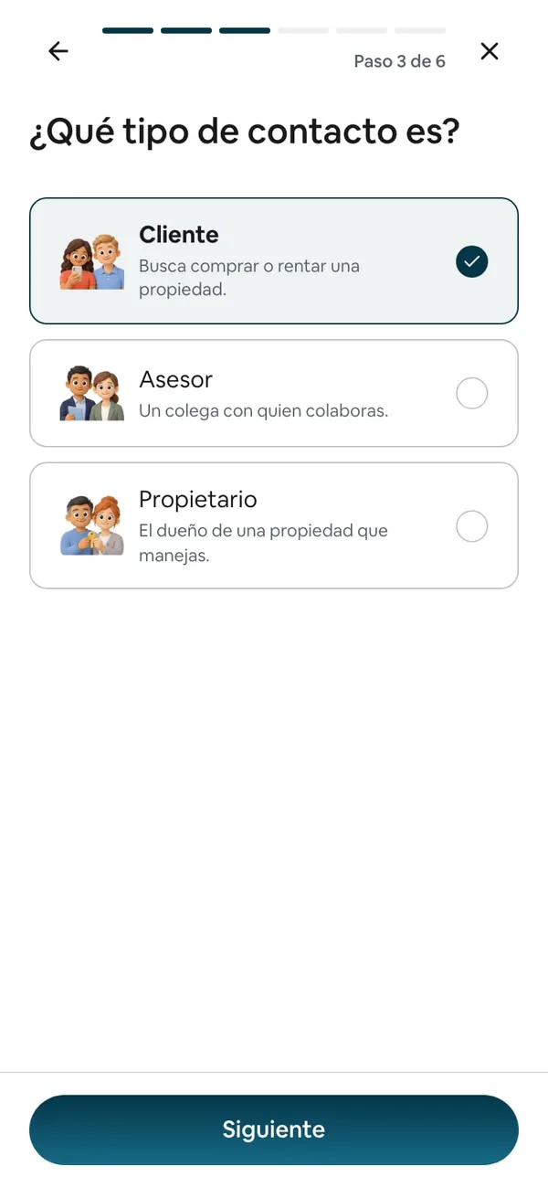 Paso 3 de 6, «¿Qué tipo de contacto es?»: Cliente elegido («Busca comprar o rentar una propiedad»), Asesor y Propietario
