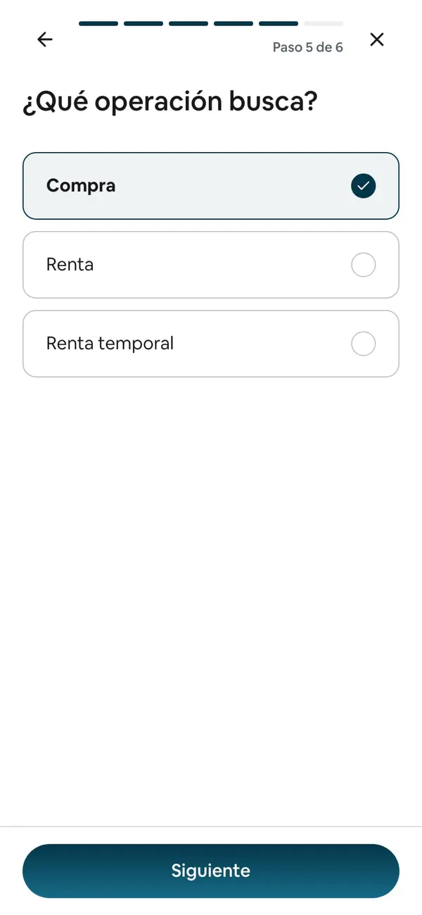Paso 5 de 6, «¿Qué operación busca?»: Compra elegida, Renta y Renta temporal