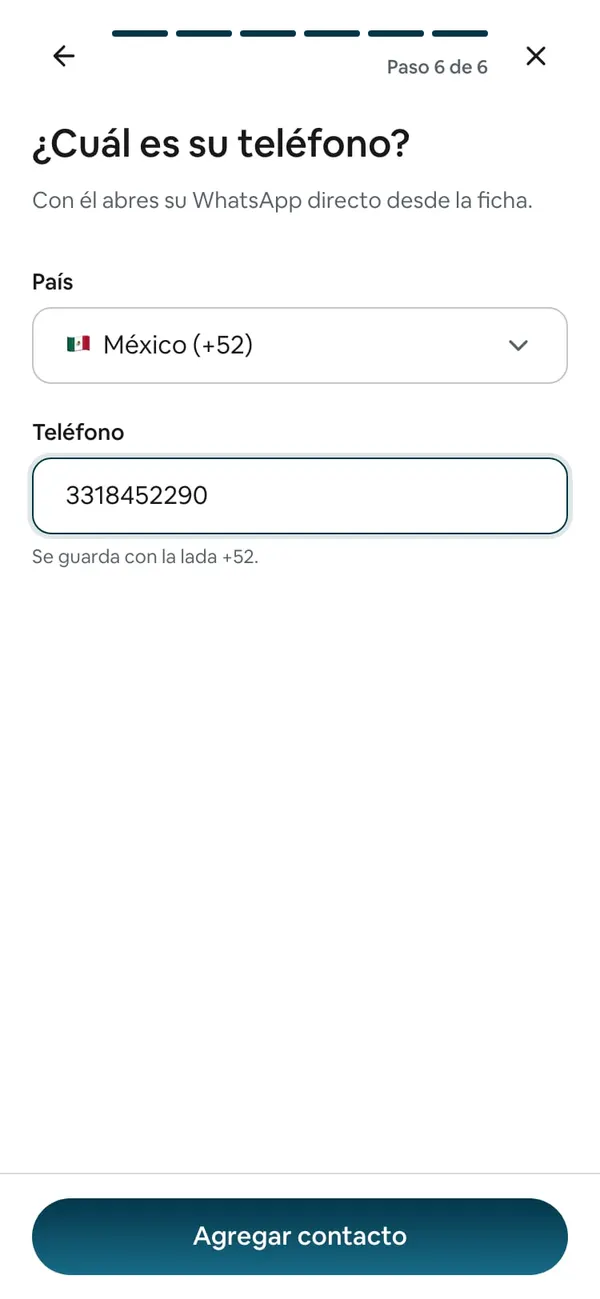 Paso 6 de 6, «¿Cuál es su teléfono?»: País México (+52), Teléfono 3318452290, «Se guarda con la lada +52» y el botón Agregar contacto