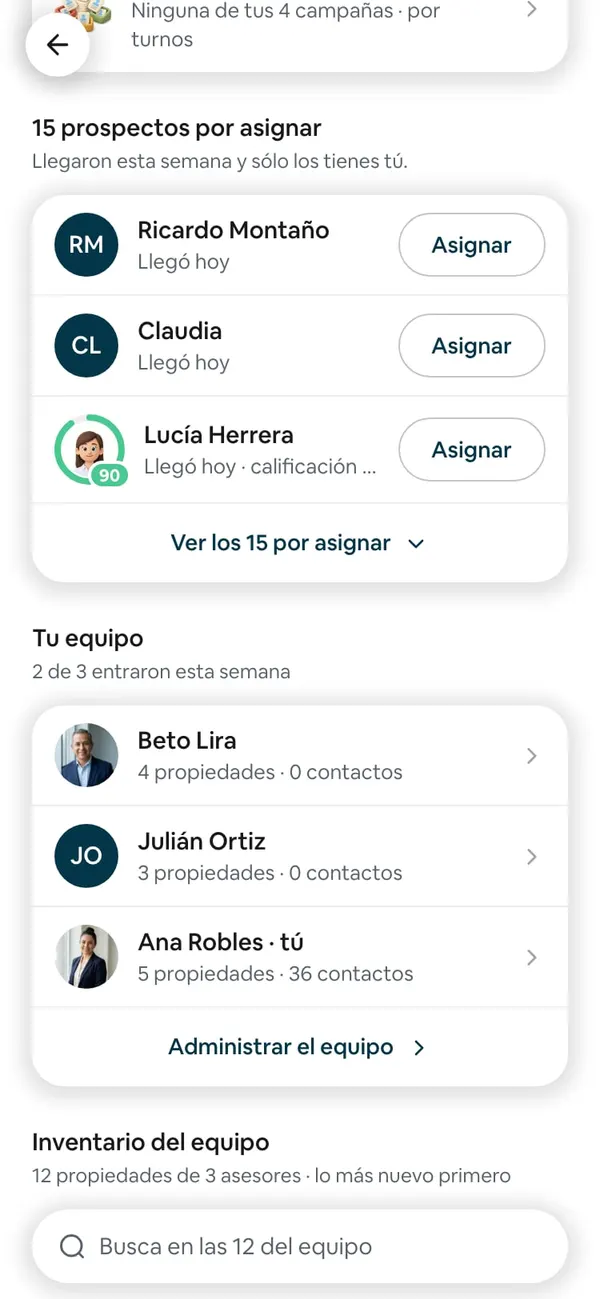 Bloque «N prospectos por asignar · Llegaron esta semana y sólo los tienes tú.», cada prospecto con su botón Asignar y, abajo, Ver los … por asignar