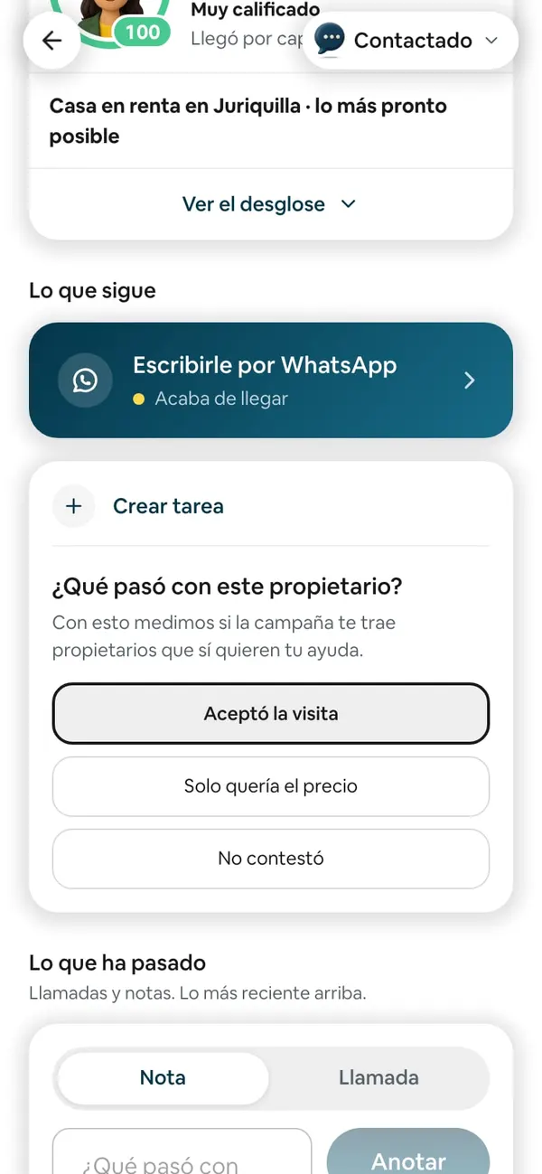«¿Qué pasó con este propietario?» con «Con esto medimos si la campaña te trae propietarios que sí quieren tu ayuda.» y los tres botones: Aceptó la visita (marcado), Solo quería el precio y No contestó