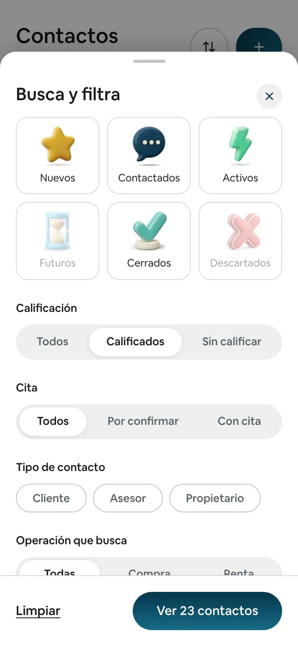 Hoja «Busca y filtra»: las seis etapas en cuadros (Futuros y Descartados tenues), Calificación con Calificados elegido, Cita, Tipo de contacto, Operación que busca, y abajo Limpiar y el botón «Ver 23 contactos»