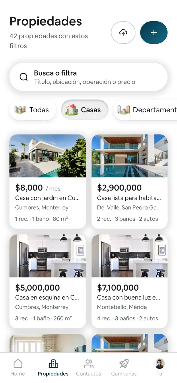 Listado de Propiedades con «Casas» elegido en la fila de tipos y el número de arriba: «42 propiedades con estos filtros»