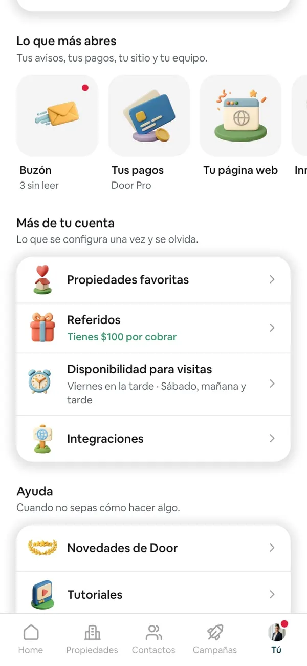 Cuenta en el teléfono: en Lo que más abres, el azulejo Buzón con un punto rojo y 3 sin leer, junto a Tus pagos y Tu página web