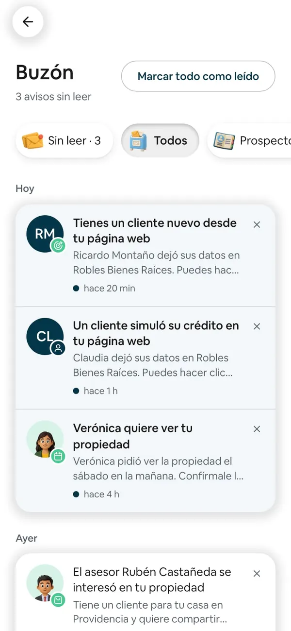 El Buzón: 3 avisos sin leer, el botón Marcar todo como leído, la fila de atajos Sin leer · 3, Todos y Prospectos, y los avisos de Hoy