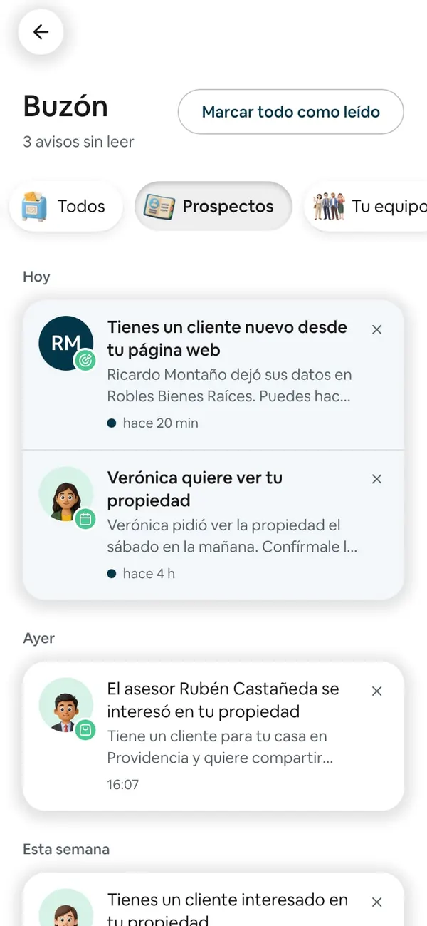 El Buzón con el atajo Prospectos elegido: el aviso sin leer Verónica quiere ver tu propiedad, con «pidió ver la propiedad el sábado en la mañana. Confírmale la hora»