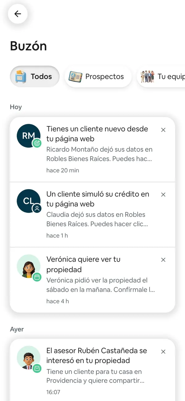 El Buzón después de tocar Marcar todo como leído: ya no dice cuántos avisos hay sin leer y los avisos de Hoy salen sin punto