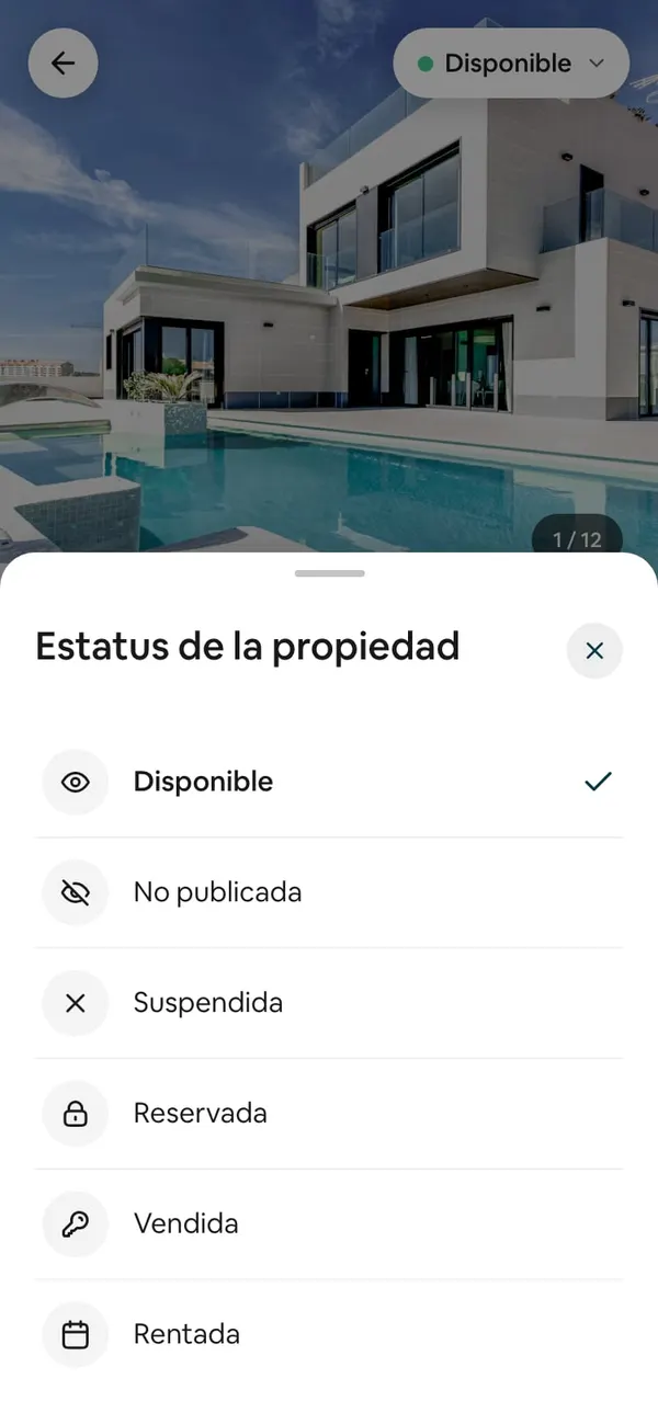 Hoja «Estatus de la propiedad» con Disponible (con palomita), No publicada, Suspendida, Reservada, Vendida y Rentada