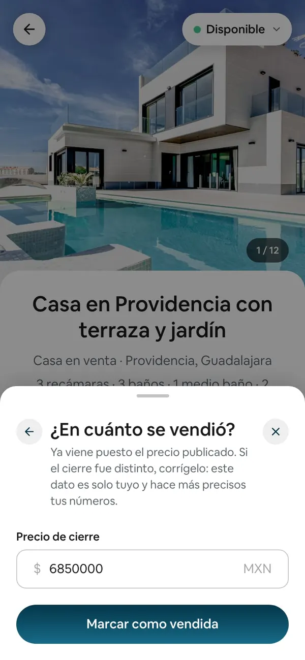Hoja «¿En cuánto se vendió?» con el precio de cierre ya puesto y el botón Marcar como vendida