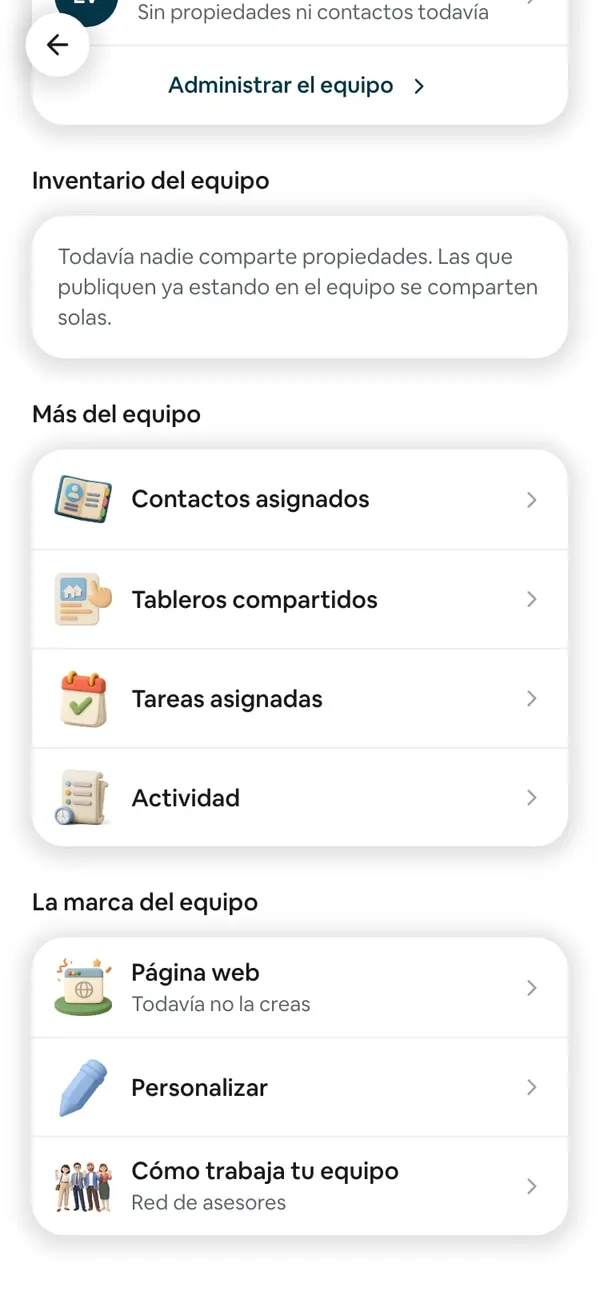 Final del panel de Inmobiliaria: Más del equipo y La marca del equipo con Página web, Personalizar y Cómo trabaja tu equipo, que dice Red de asesores