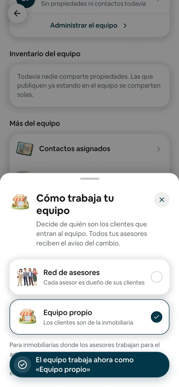 La hoja con Equipo propio marcado y el aviso «El equipo trabaja ahora como «Equipo propio»»