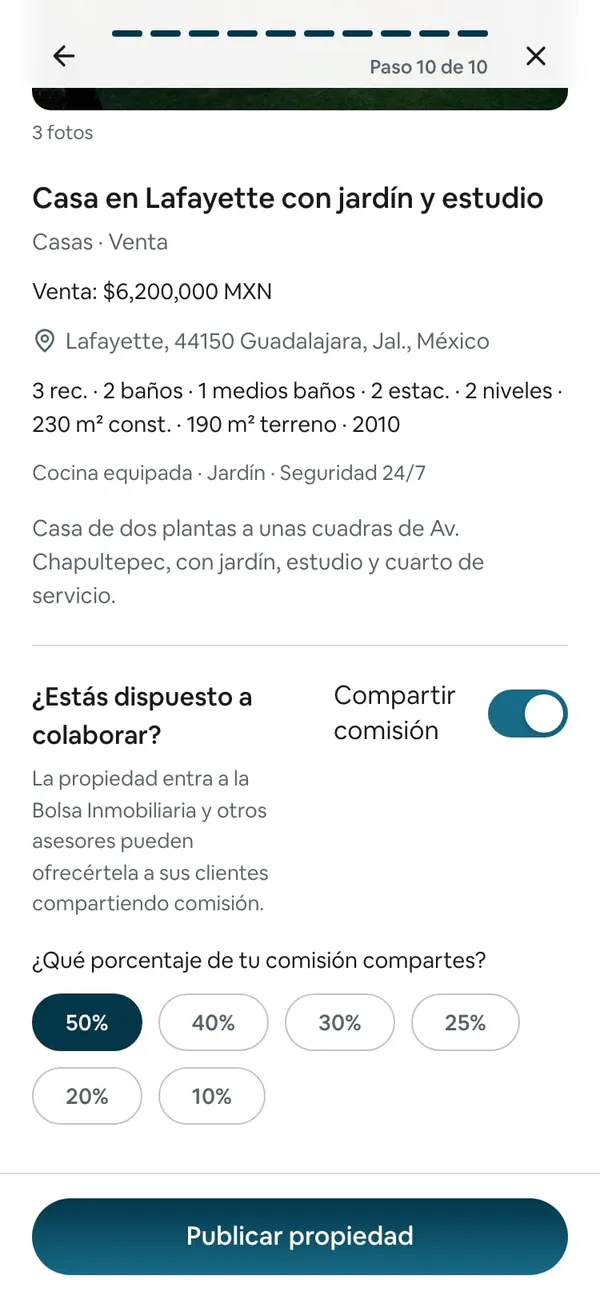 Último paso del alta, «Paso 10 de 10»: el resumen de la casa, ¿Estás dispuesto a colaborar? con Compartir comisión encendido, ¿Qué porcentaje de tu comisión compartes? con 50% elegido y el botón Publicar propiedad