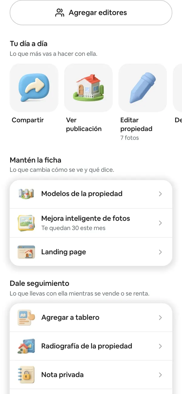 Pantalla de una propiedad con la fila Tu día a día: Compartir, Ver publicación y Editar propiedad
