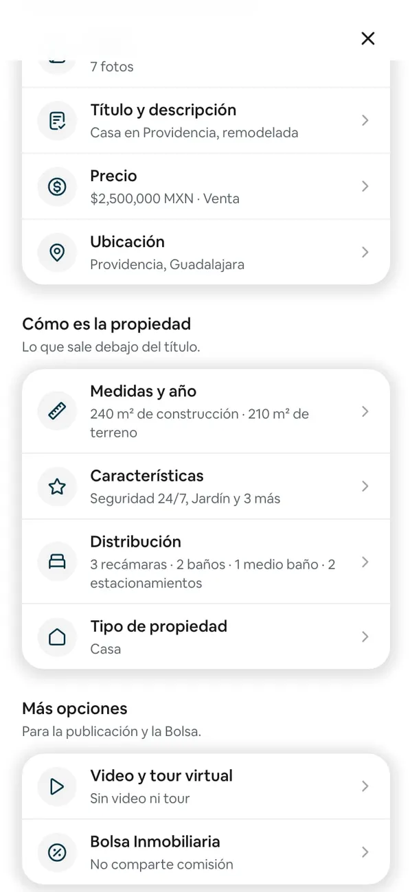 Editar propiedad: el grupo Más opciones con Video y tour virtual y el renglón Bolsa Inmobiliaria que dice «No comparte comisión»