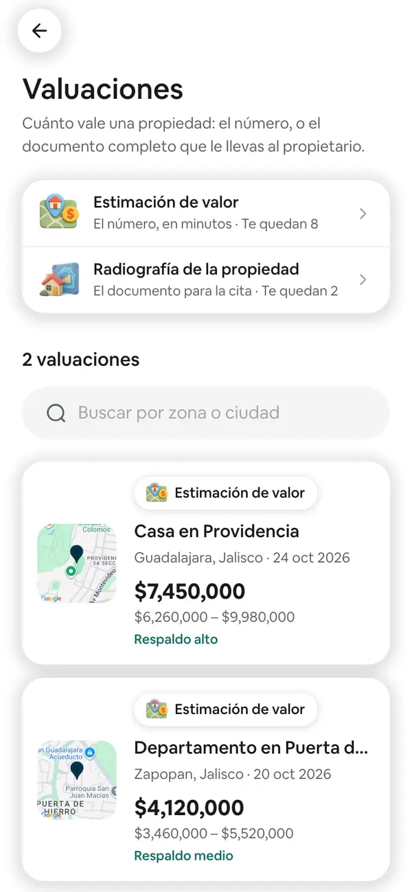 Valuaciones con el historial de 2 valuaciones: la casa en Providencia ($7,450,000) y el departamento en Puerta de Hierro ($4,120,000)