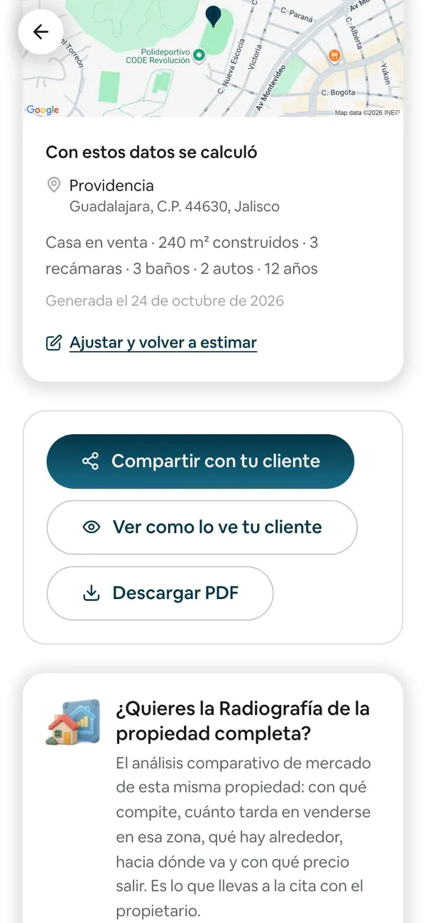 La estimación abierta con los botones Compartir con tu cliente, Ver como lo ve tu cliente y Descargar PDF