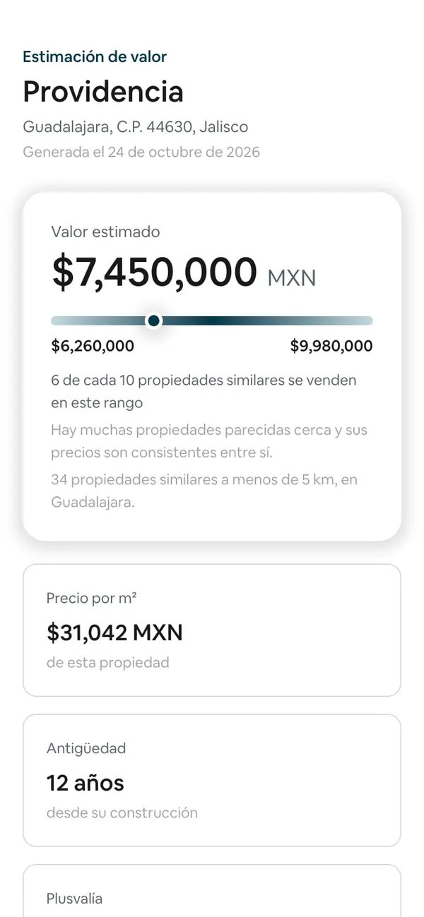 Lo que ve el cliente: «Estimación de valor · Providencia» con el valor estimado de $7,450,000 y su rango