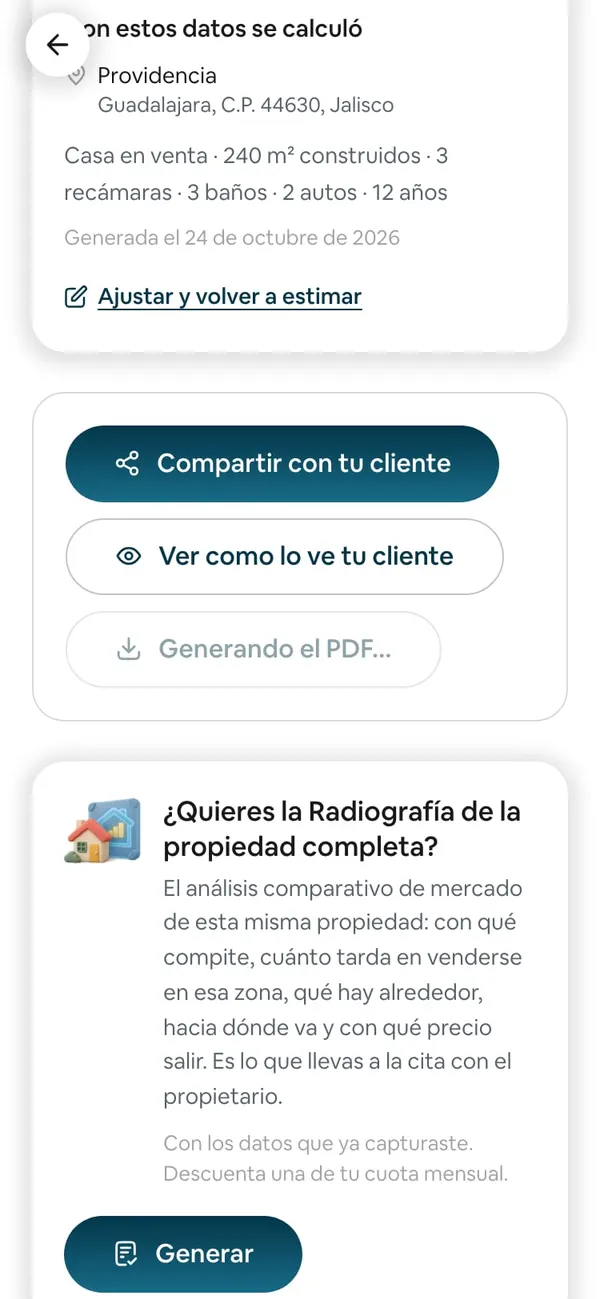 El botón Descargar PDF tocado, que dice «Generando el PDF…»