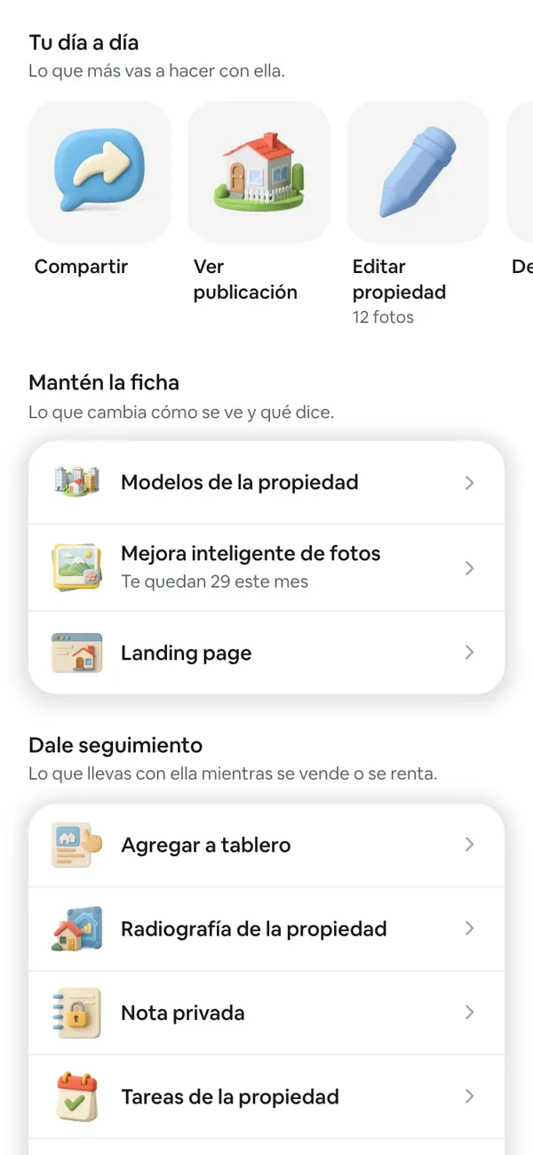 Grupo «Tu día a día» de la pantalla de la propiedad, con la tarjeta Compartir a la izquierda