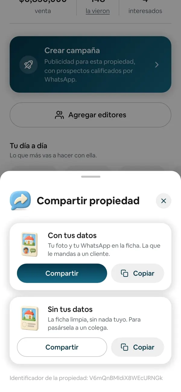 Hoja «Compartir propiedad» con «Con tus datos» y «Sin tus datos», cada una con sus botones Compartir y Copiar