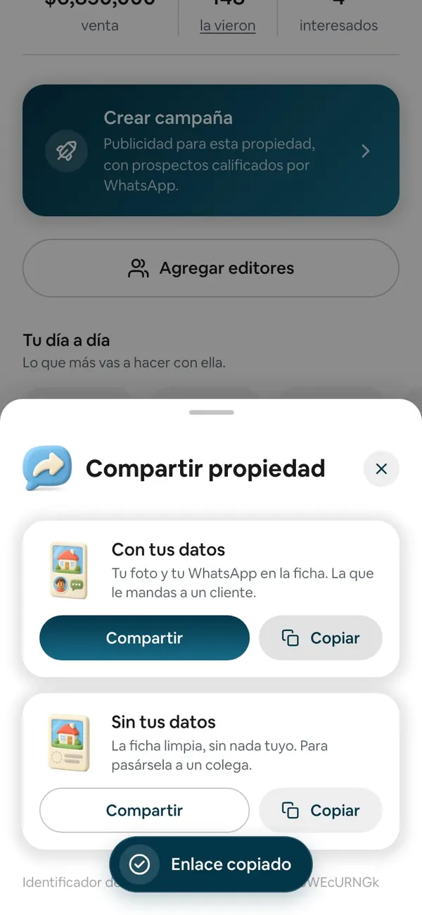 La hoja «Compartir propiedad» con el aviso «Enlace copiado» abajo