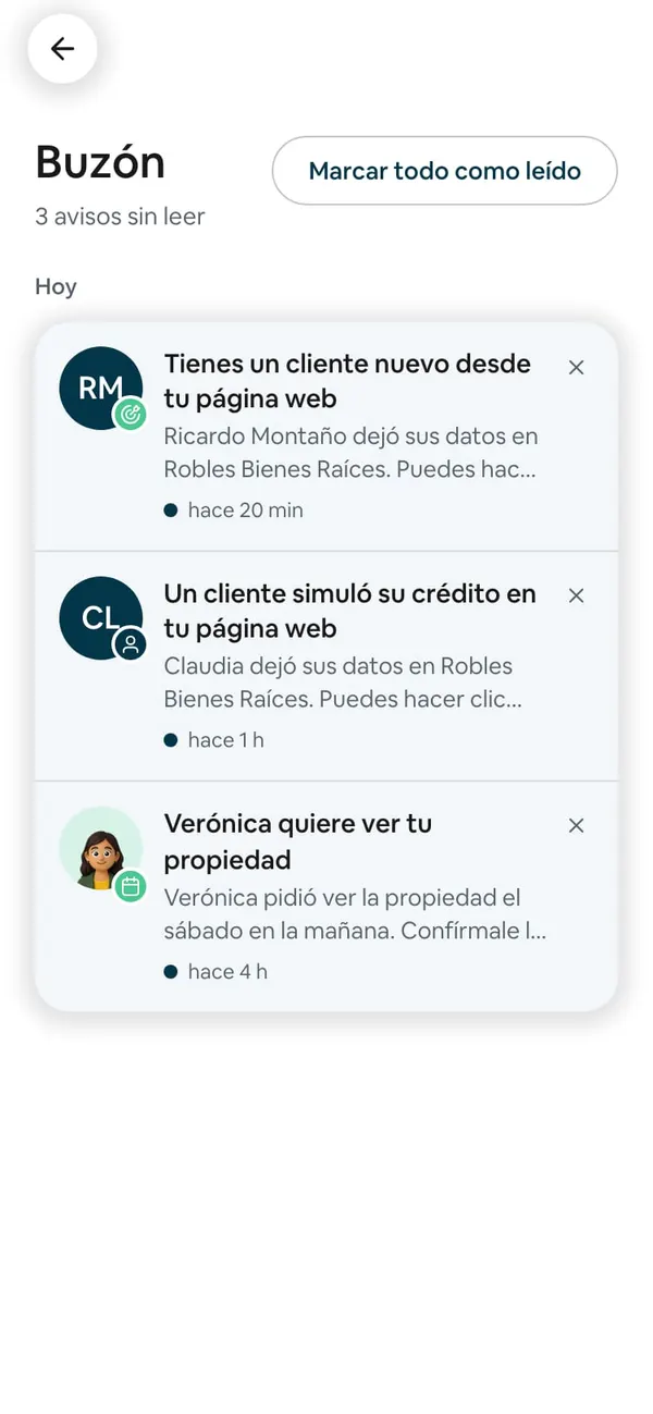 El Buzón con «Tienes un cliente nuevo desde tu página web» y «Un cliente simuló su crédito en tu página web», cada uno con quién dejó sus datos