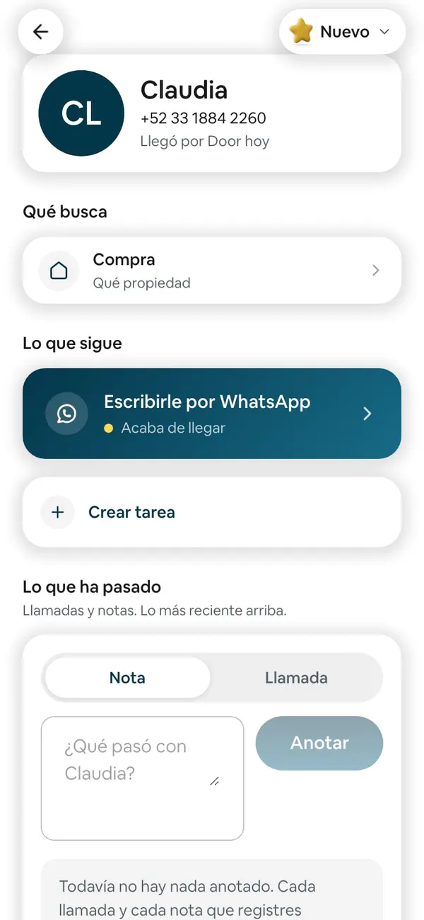 La ficha de Claudia, que llegó por la página: su teléfono, «Llegó por Door hoy», Qué busca: Compra, y Escribirle por WhatsApp