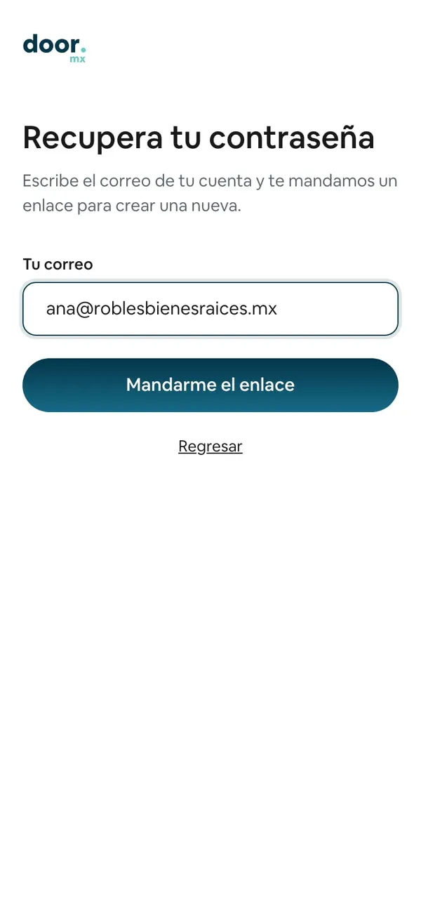 Recupera tu contraseña: el campo Tu correo con un correo de ejemplo y el botón Mandarme el enlace