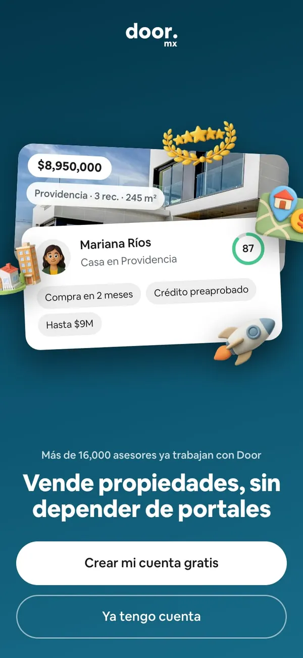 Pantalla de bienvenida de Door: «Más de 16,000 asesores ya trabajan con Door», «Vende propiedades, sin depender de portales» y los botones Crear mi cuenta gratis y Ya tengo cuenta