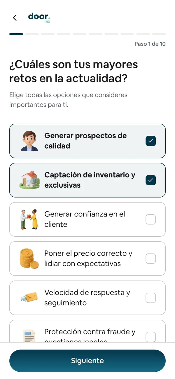 Paso 1 de 10, ¿Cuáles son tus mayores retos en la actualidad?, con Generar prospectos de calidad y Captación de inventario y exclusivas marcados