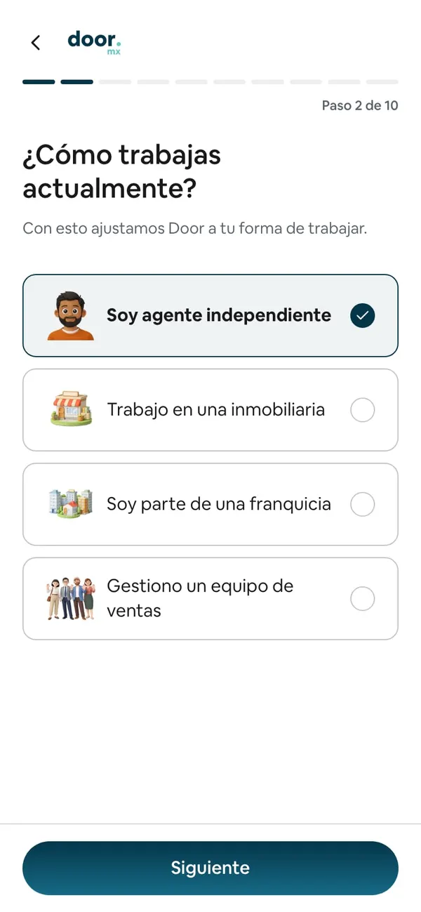 Paso 2 de 10, ¿Cómo trabajas actualmente?, con Soy agente independiente elegido