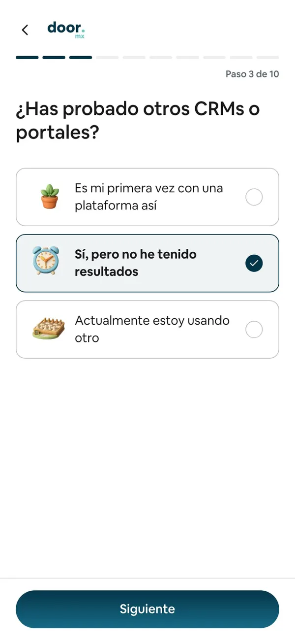 Paso 3 de 10, ¿Has probado otros CRMs o portales?, con «Sí, pero no he tenido resultados» elegido