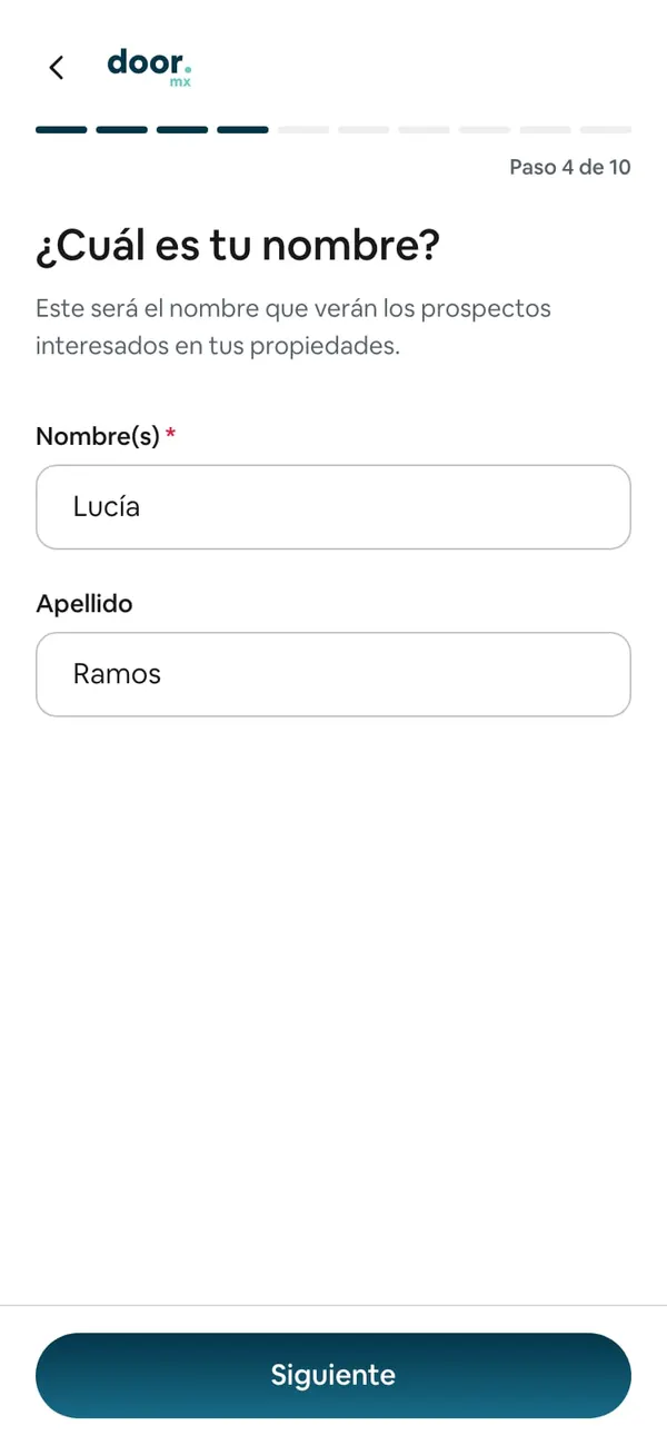 Paso 4 de 10, ¿Cuál es tu nombre?, con Lucía en Nombre(s) y Ramos en Apellido
