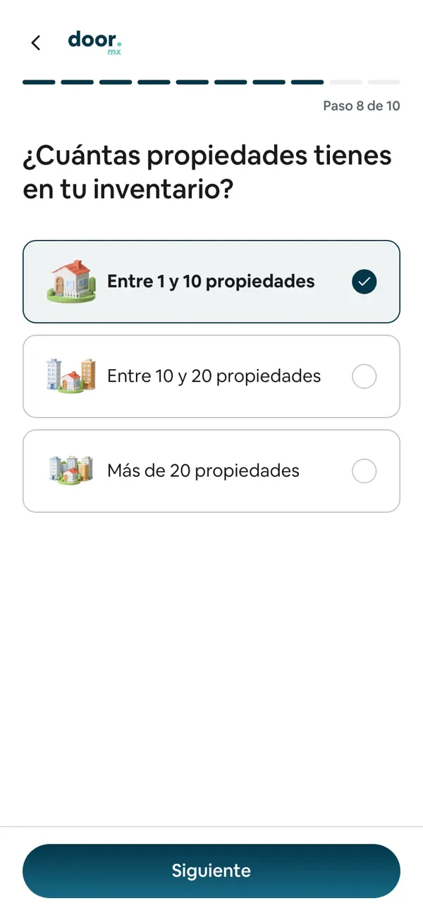 Paso 8 de 10, ¿Cuántas propiedades tienes en tu inventario?, con Entre 1 y 10 propiedades elegido