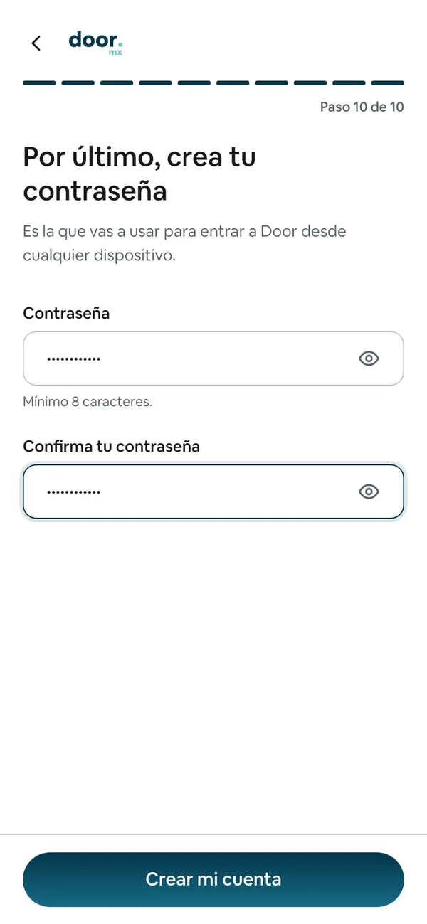 Paso 10 de 10, «Por último, crea tu contraseña», con Contraseña y Confirma tu contraseña llenas y el botón Crear mi cuenta