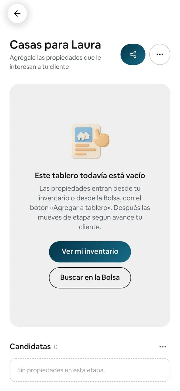 El tablero «Casas para Laura» recién creado: «Este tablero todavía está vacío» con Ver mi inventario y Buscar en la Bolsa, y debajo Candidatas en 0