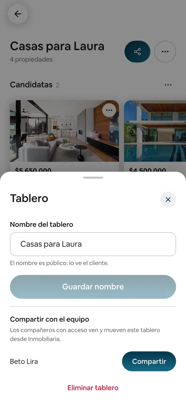 Hoja «Tablero»: Nombre del tablero, Guardar nombre, Compartir con el equipo (Beto Lira) y Eliminar tablero