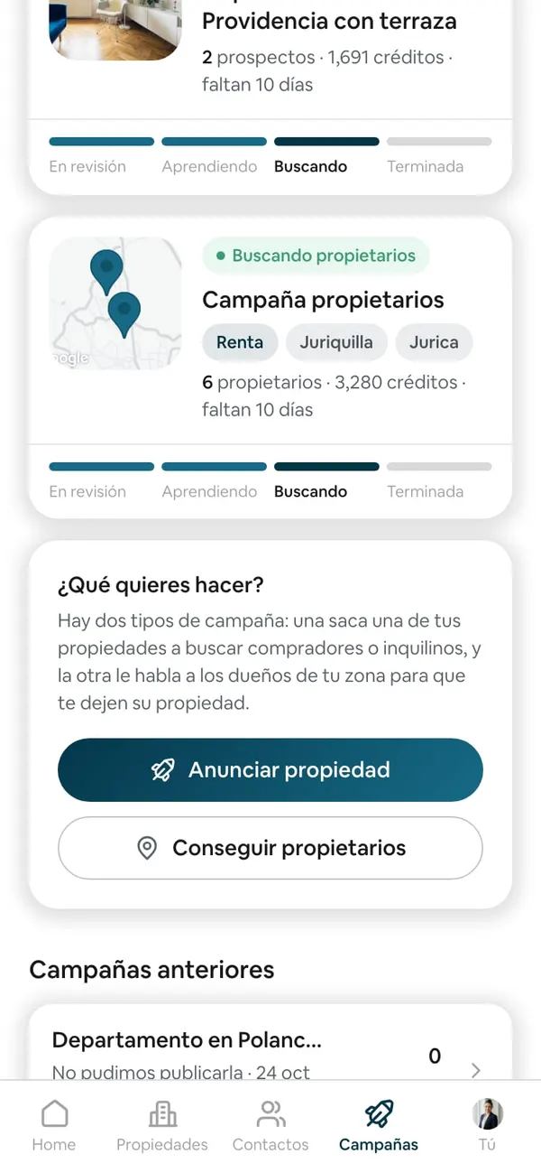 Campañas en el teléfono: la tarjeta «¿Qué quieres hacer?», que explica los dos tipos de campaña, con los botones Anunciar propiedad y Conseguir propietarios