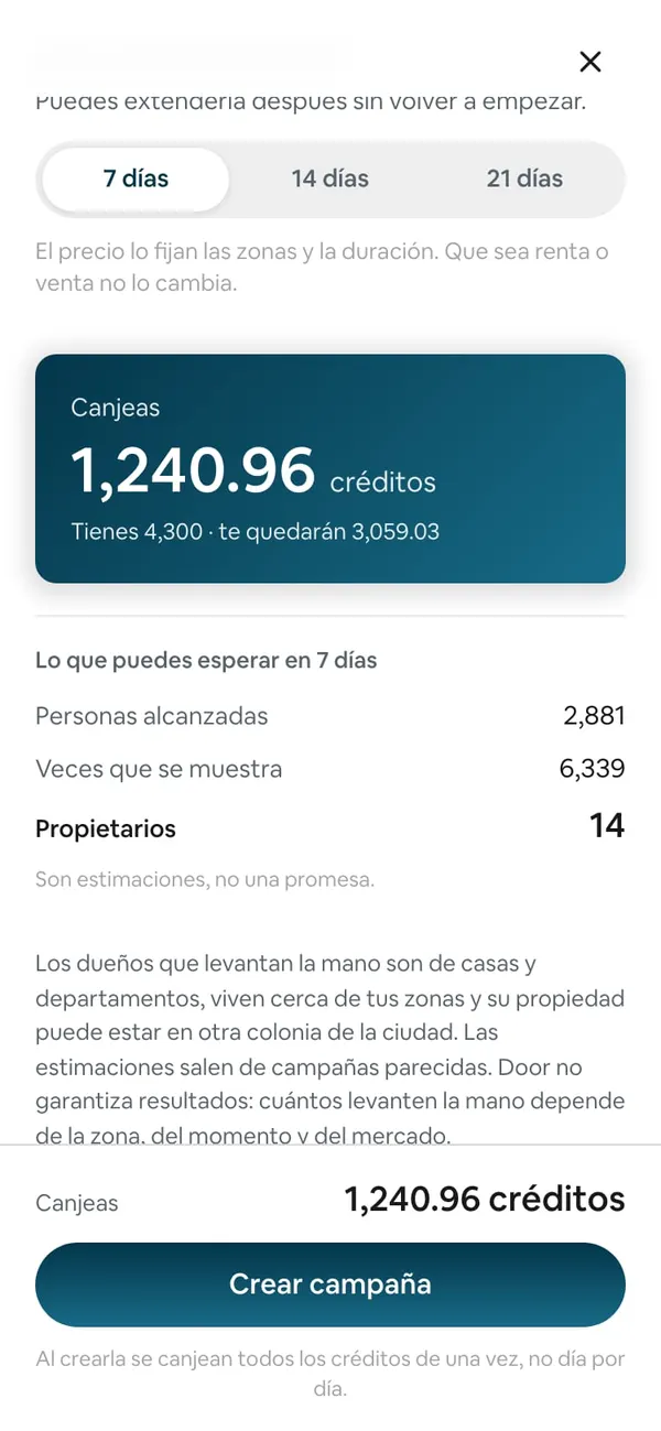 «¿Por cuánto tiempo?» con 7 días elegido y la nota «El precio lo fijan las zonas y la duración. Que sea renta o venta no lo cambia.», la tarjeta azul «Canjeas 1,240.96 créditos · Tienes 4,300 · te quedarán 3,059.03» y «Lo que puedes esperar en 7 días»