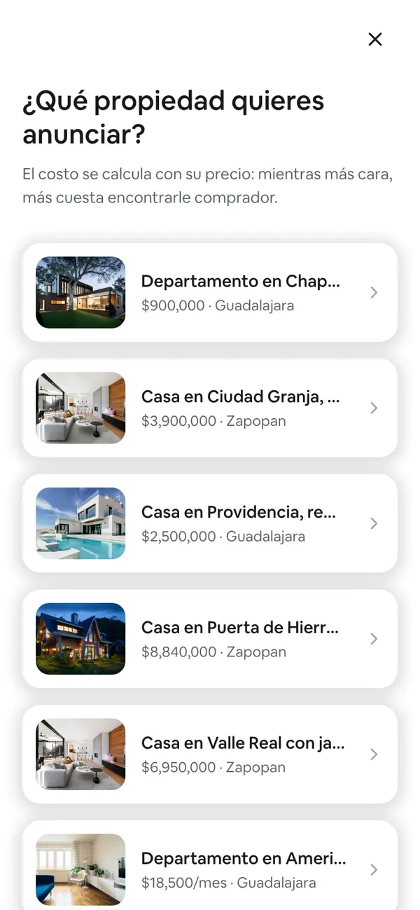 ¿Qué propiedad quieres anunciar?: lista de propiedades con su foto, su precio y su ciudad (Guadalajara, Zapopan)