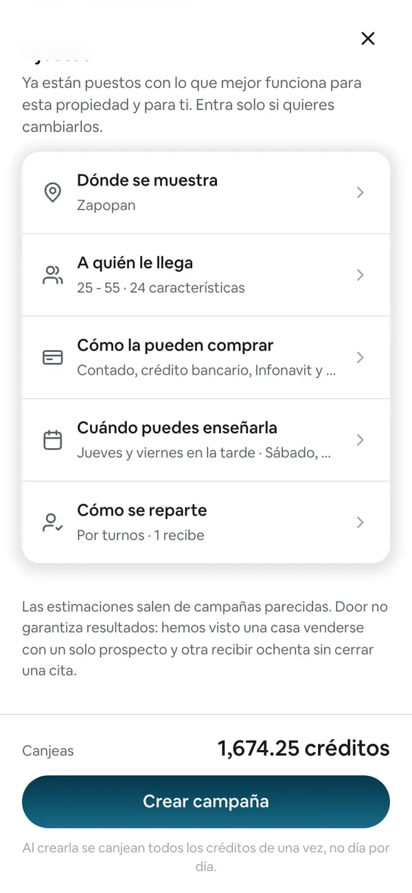 La barra de abajo con Canjeas 1,674.25 créditos, el botón Crear campaña y la nota Al crearla se canjean todos los créditos de una vez, no día por día