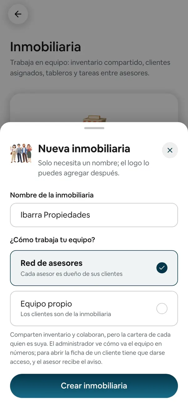 Hoja Nueva inmobiliaria con «Ibarra Propiedades» escrito en Nombre de la inmobiliaria, Red de asesores elegido en ¿Cómo trabaja tu equipo? y el botón Crear inmobiliaria