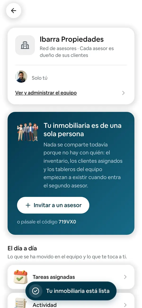 Panel recién creado de Ibarra Propiedades con el aviso «Tu inmobiliaria está lista» abajo