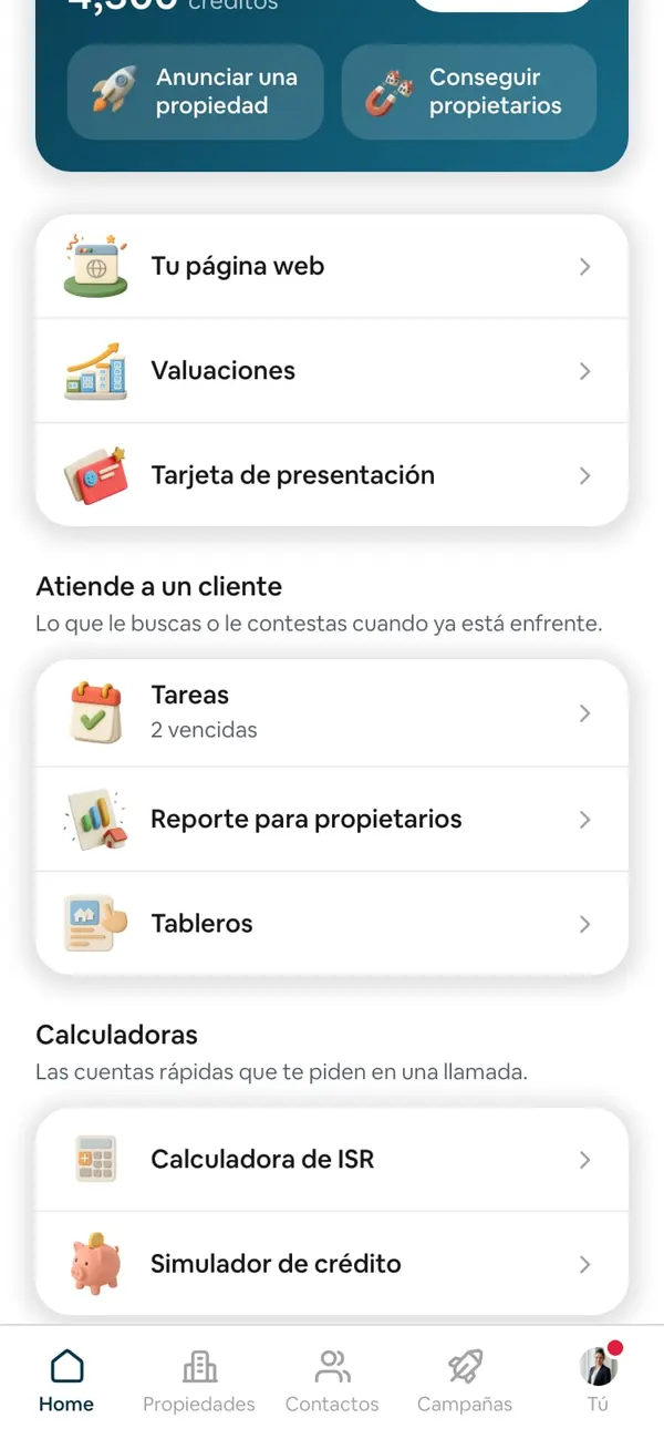 Home: el grupo «Atiende a un cliente» con la tarjeta Tareas («2 vencidas»), Reporte para propietarios y Tableros