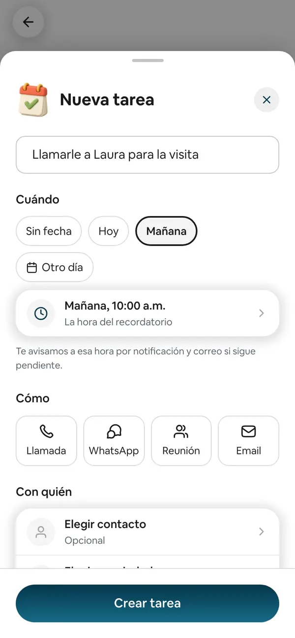 Cuándo con Mañana elegido y debajo el renglón «Mañana, 10:00 a.m. · La hora del recordatorio»
